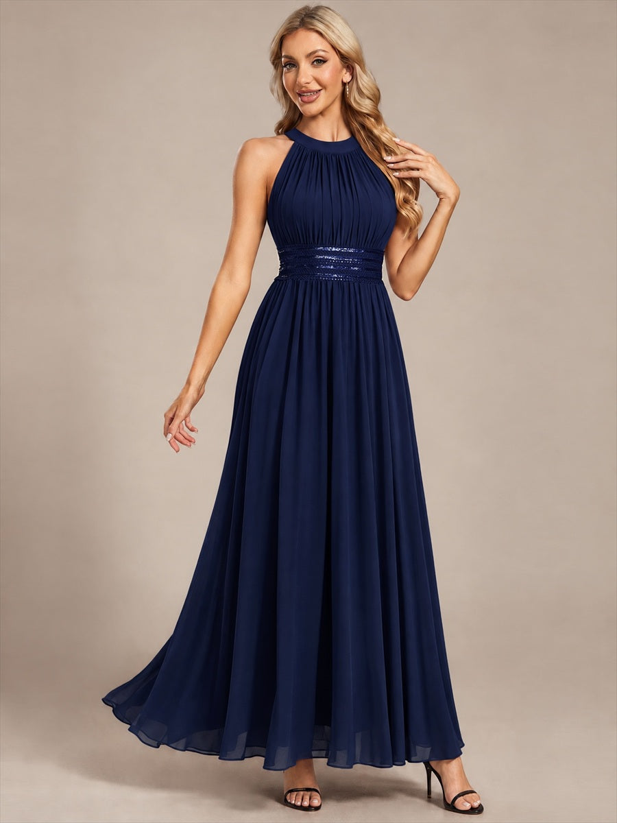 Robe A-Line sans manches à encolure corset en tissu non élastique longueur maxi #Couleur_Bleu Marine