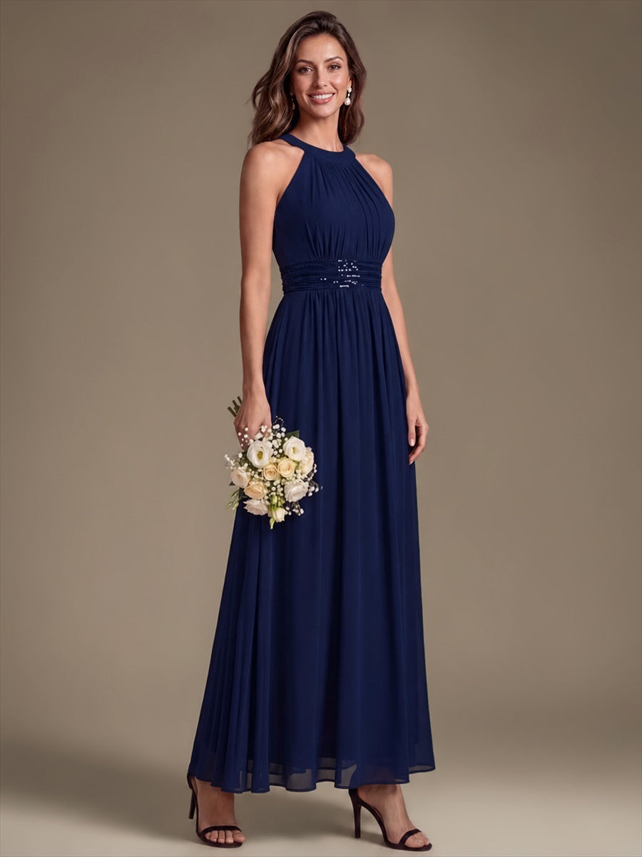 Robe A-Line sans manches à encolure corset en tissu non élastique longueur maxi #Couleur_Bleu Marine