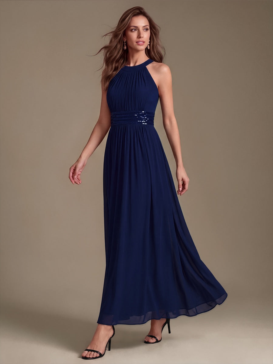 Robe A-Line sans manches à encolure corset en tissu non élastique longueur maxi #Couleur_Bleu Marine