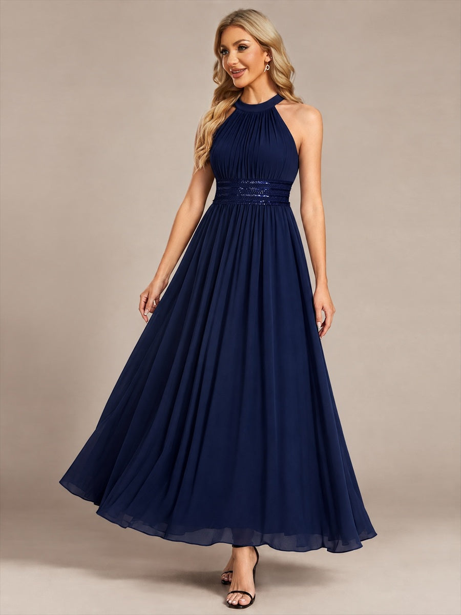 Robe A-Line sans manches à encolure corset en tissu non élastique longueur maxi #Couleur_Bleu Marine