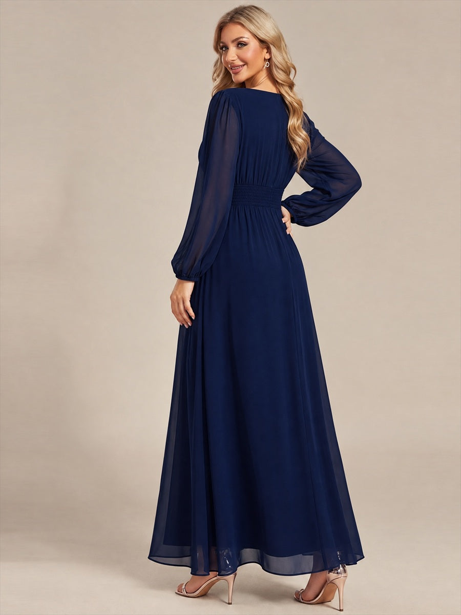 Robe de demoiselle d'honneur en mousseline à manches bouffantes et robe de demoiselle d'honneur #Couleur_Bleu Marine