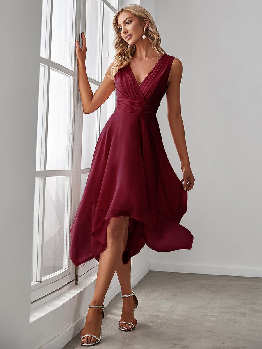Robe mariage invitée bohème en mousseline de soie col en V profond #Couleur_Bordeaux