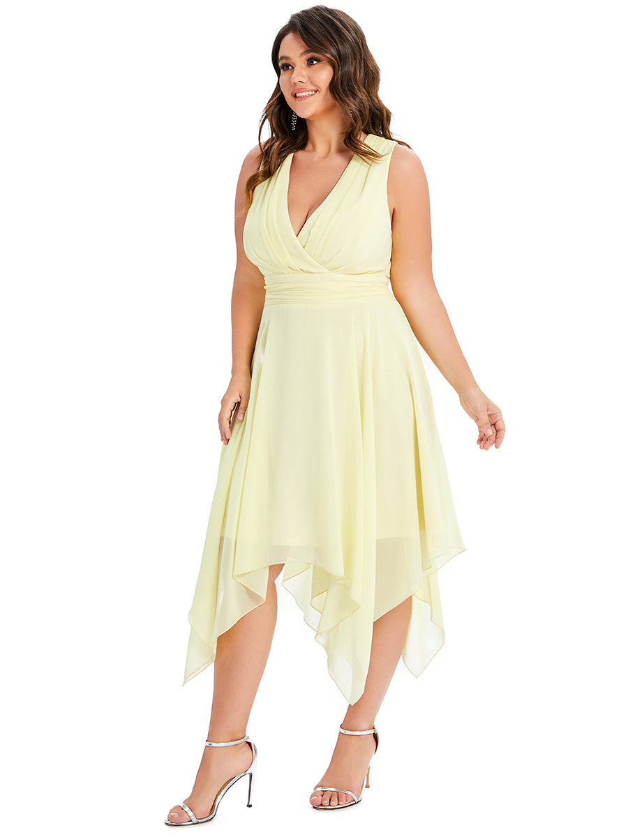 Robe de demoiselle d'honneur en mousseline de soie longueur genou avec ourlet irrégulier #Couleur_Jaune