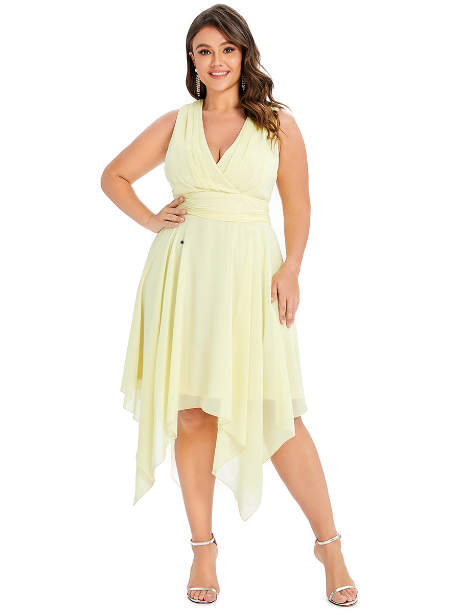 Robe de demoiselle d'honneur en mousseline de soie longueur genou avec ourlet irrégulier #Couleur_Jaune