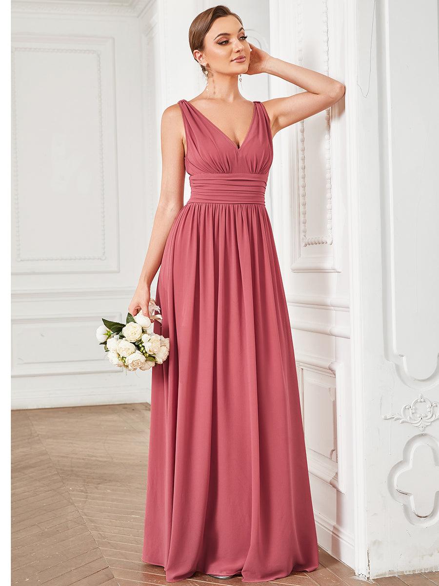 Robe de demoiselle d'honneur en mousseline à col en V #Couleur_Rose corail