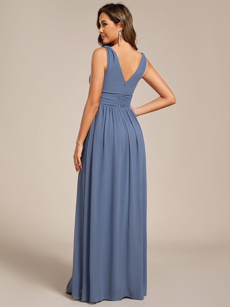 Robe de demoiselle d'honneur en mousseline à col en V #Couleur_Marine Fume