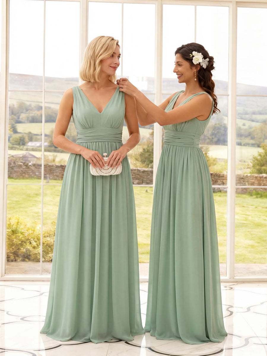 Robe de demoiselle d'honneur en mousseline à col en V #Couleur_Menthe Verte