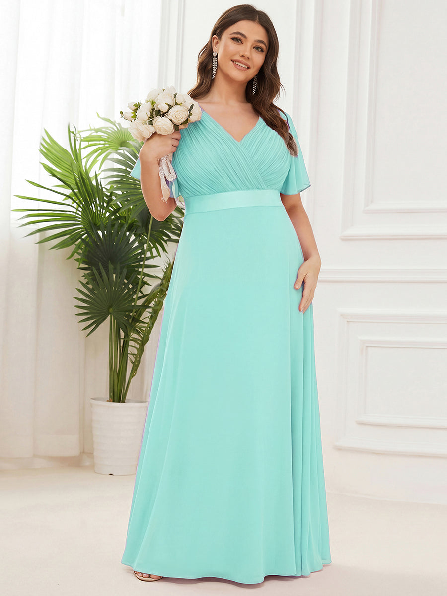 Robe mariage invitée fluide élégante en mousseline à taille haute #Couleur_Bleu pastel