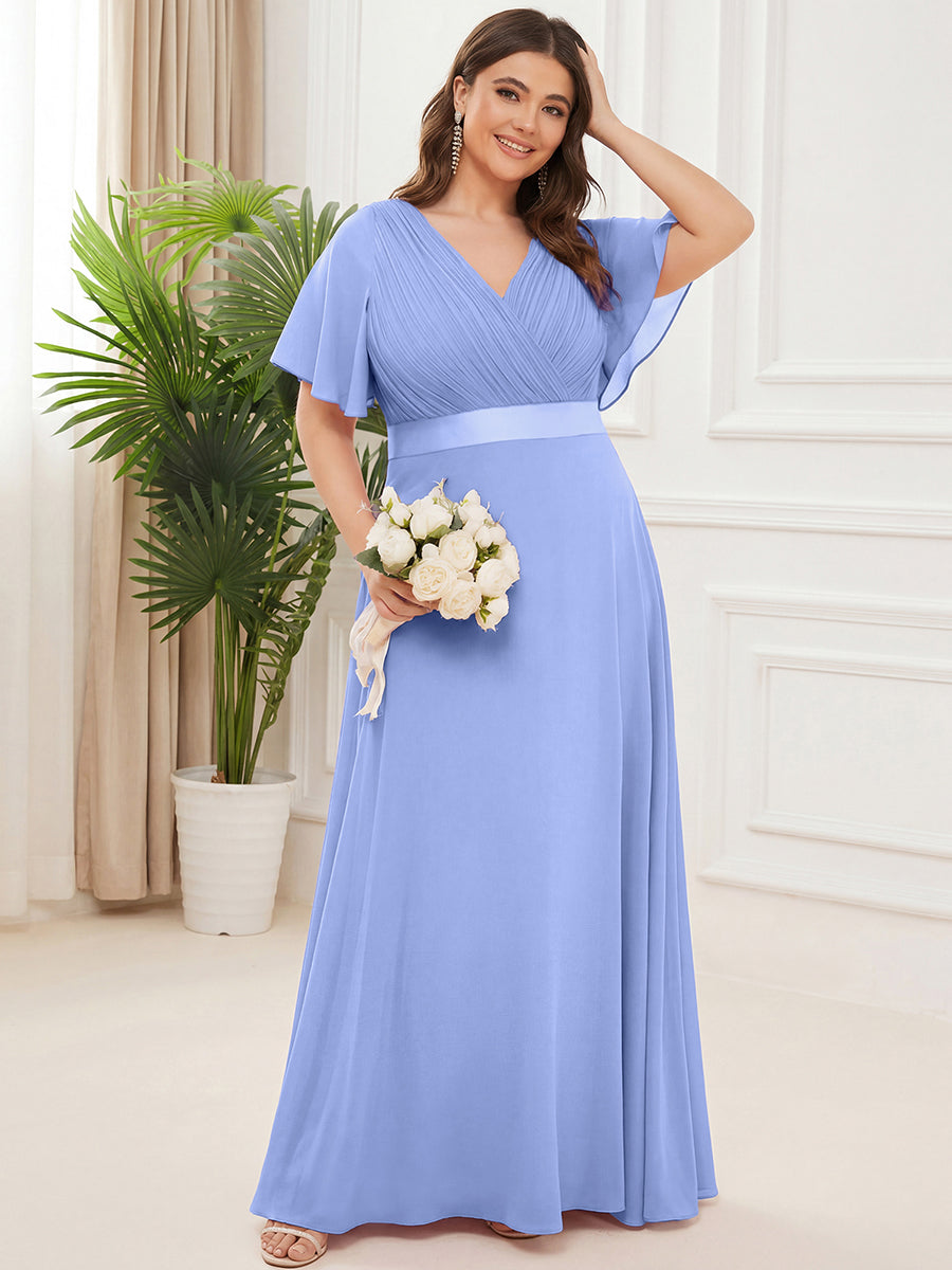 Robe mariage invitée fluide élégante en mousseline à taille haute #Couleur_Bleu Bleuet
