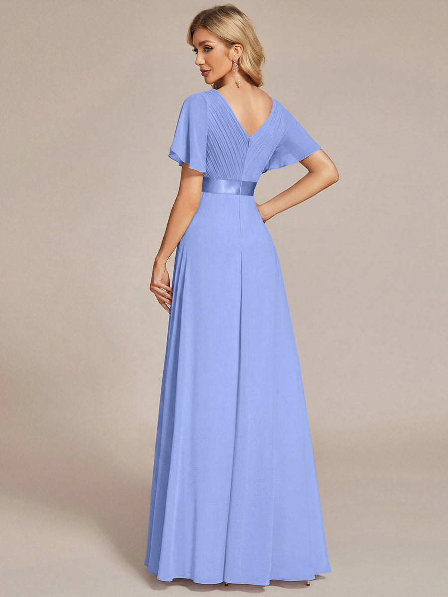 Robe mariage invitée fluide élégante en mousseline à taille haute #Couleur_Bleu Bleuet