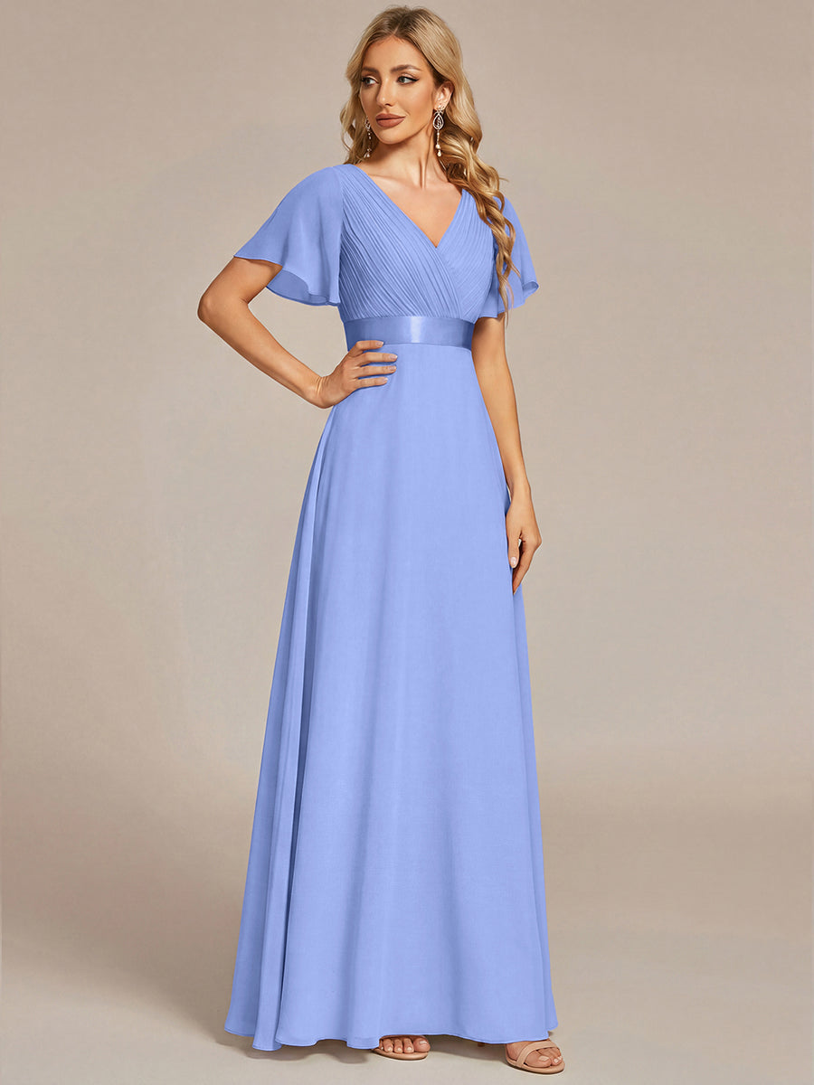 Robe mariage invitée fluide élégante en mousseline à taille haute #Couleur_Bleu Bleuet