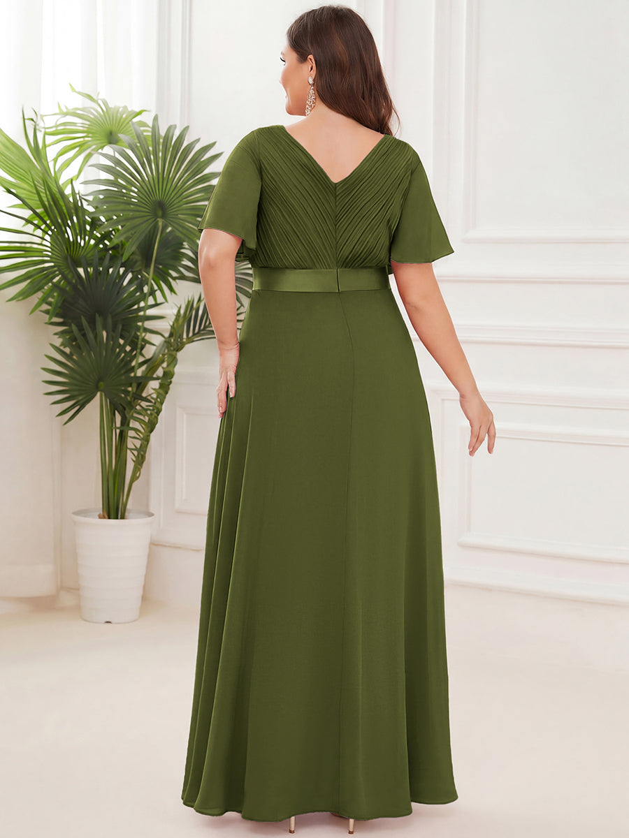 Robe mariage invitée fluide élégante en mousseline à taille haute #Couleur_Vert Olive