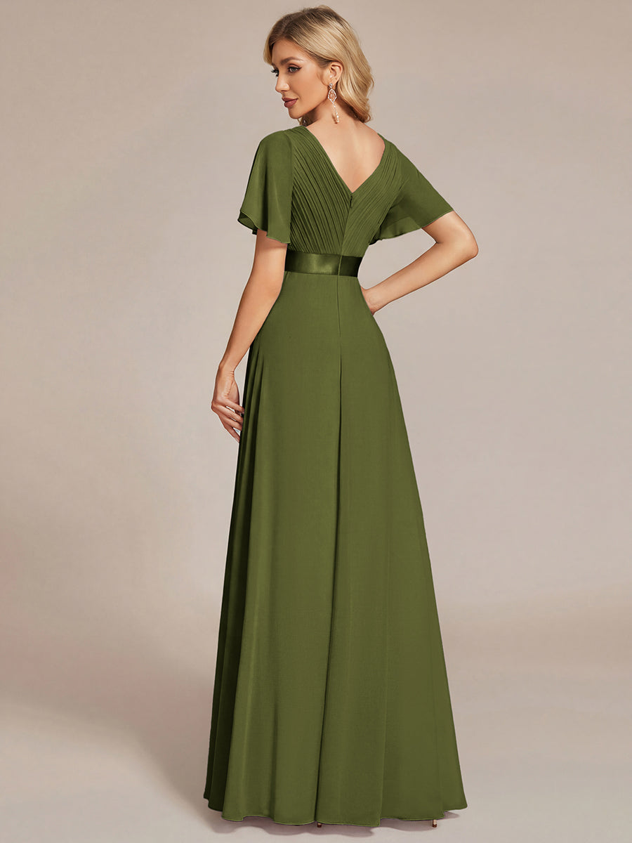 Robe mariage invitée fluide élégante en mousseline à taille haute #Couleur_Vert Olive