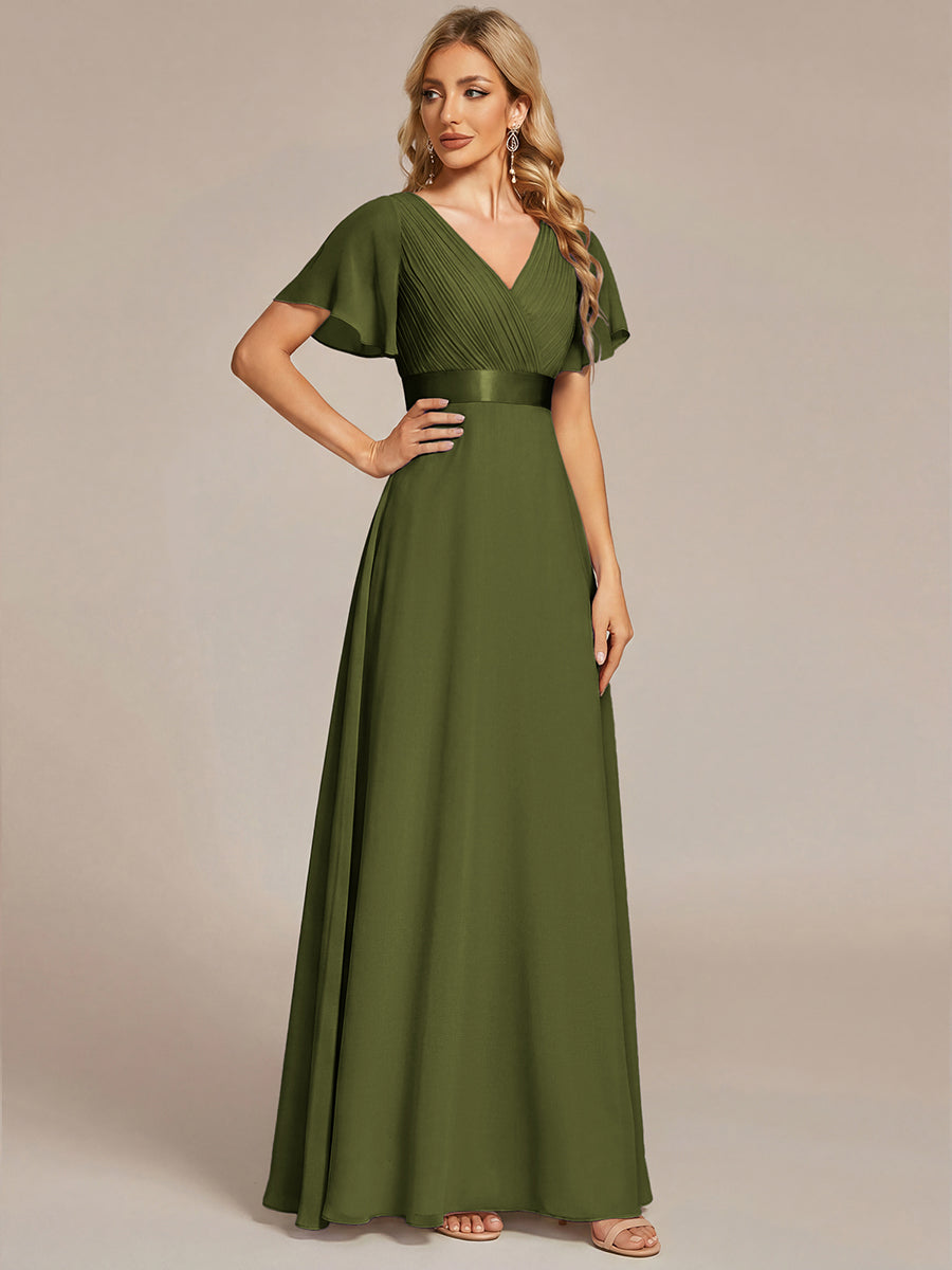 Robe mariage invitée fluide élégante en mousseline à taille haute #Couleur_Vert Olive