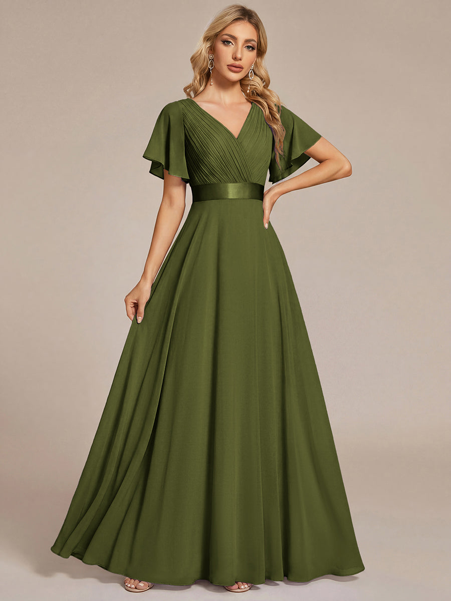 Robe mariage invitée fluide élégante en mousseline à taille haute #Couleur_Vert Olive