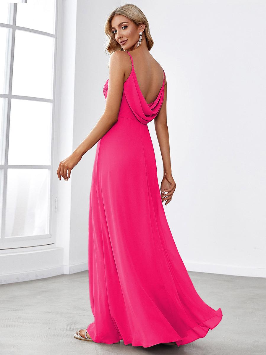 Robe de demoiselle d'honneur drapée au dos avec décolleté en cœur #Couleur_Rose Vif