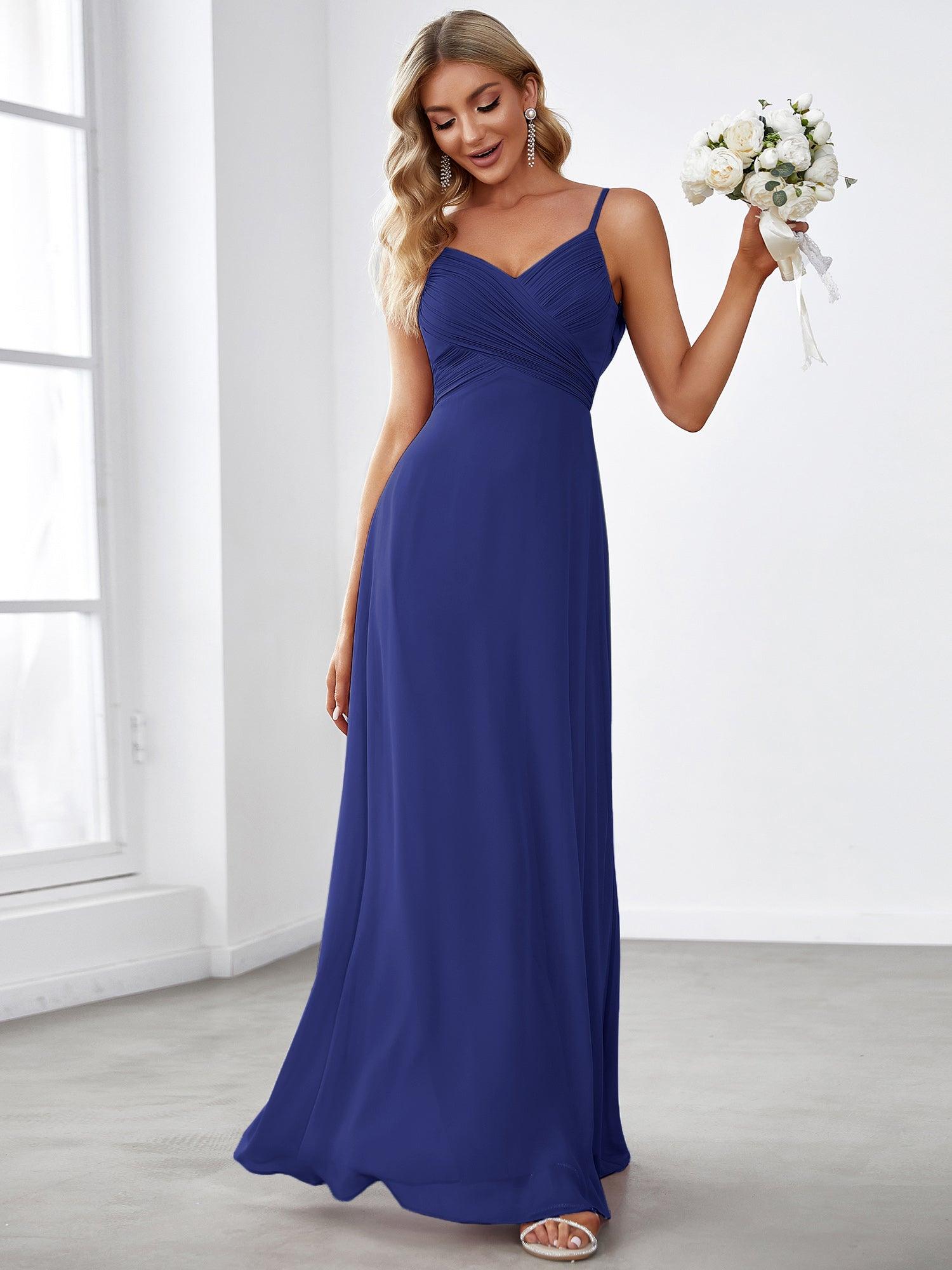 Robe de demoiselle d'honneur drapée au dos avec décolleté en cœur #Couleur_Bleu Saphir