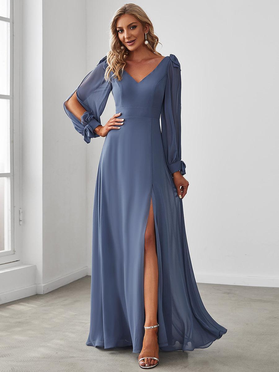 Robe invitée mariage à manches fendues et dos nu #Couleur_Marine Fume