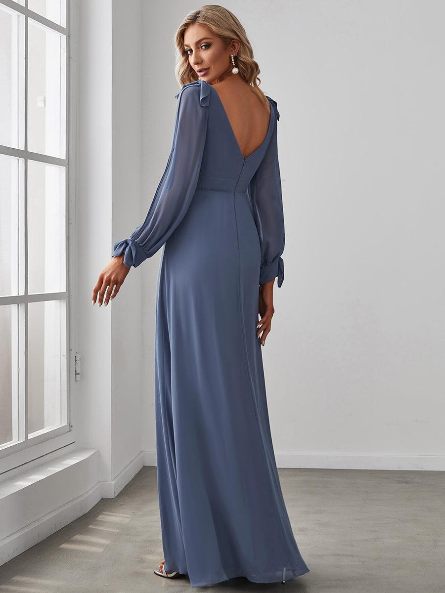 Robe invitée mariage à manches fendues et dos nu #Couleur_Marine Fume