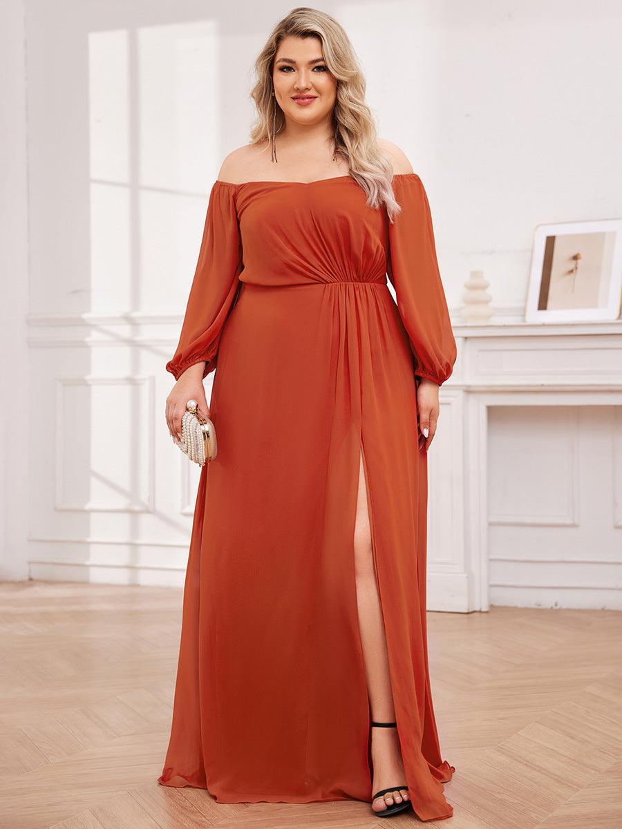 Robe de demoiselle d'honneur plissée taille haute fendue de grande taille avec manches longues #Couleur_Burnt Orange