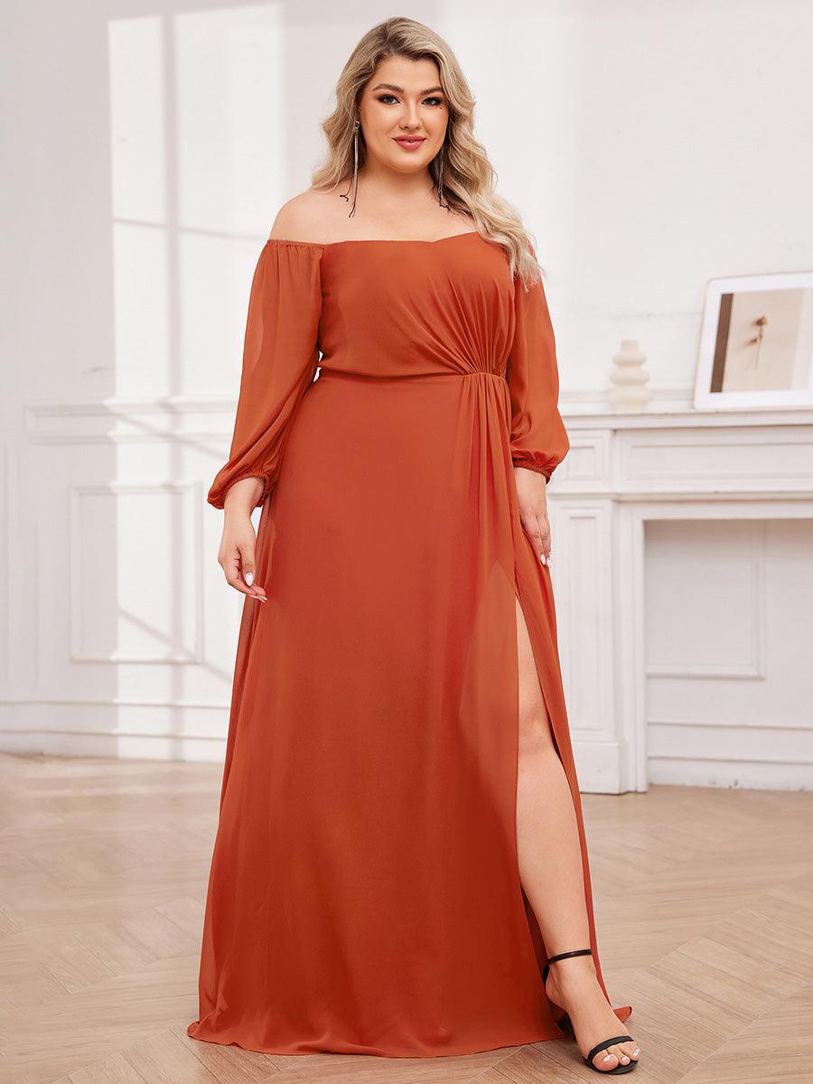 Robe de demoiselle d'honneur plissée taille haute fendue de grande taille avec manches longues #Couleur_Burnt Orange