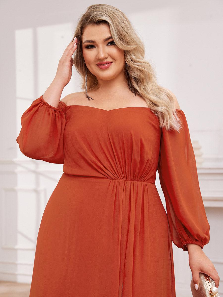 Robe de demoiselle d'honneur plissée taille haute fendue de grande taille avec manches longues #Couleur_Burnt Orange