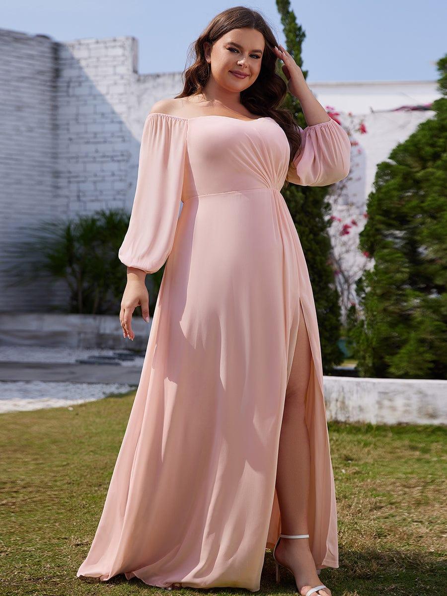 Robe de demoiselle d'honneur plissée taille haute fendue de grande taille avec manches longues #Couleur_Rose