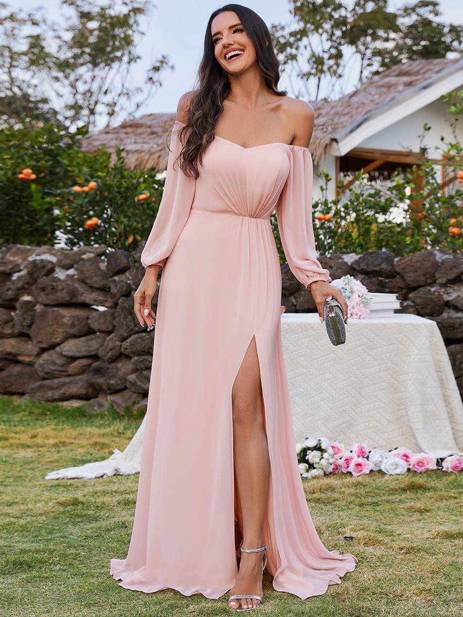 Robes de demoiselle d'honneur à manches longues en mousseline à épaules dénudées #Couleur_Rose