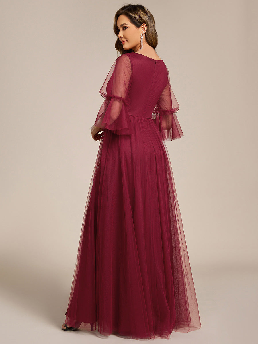 Robe longue de demoiselle d'honneur fendue à manches longues lanterne #Couleur_Bordeaux