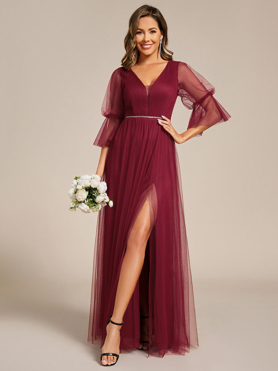 Robe longue de demoiselle d'honneur fendue à manches longues lanterne #Couleur_Bordeaux