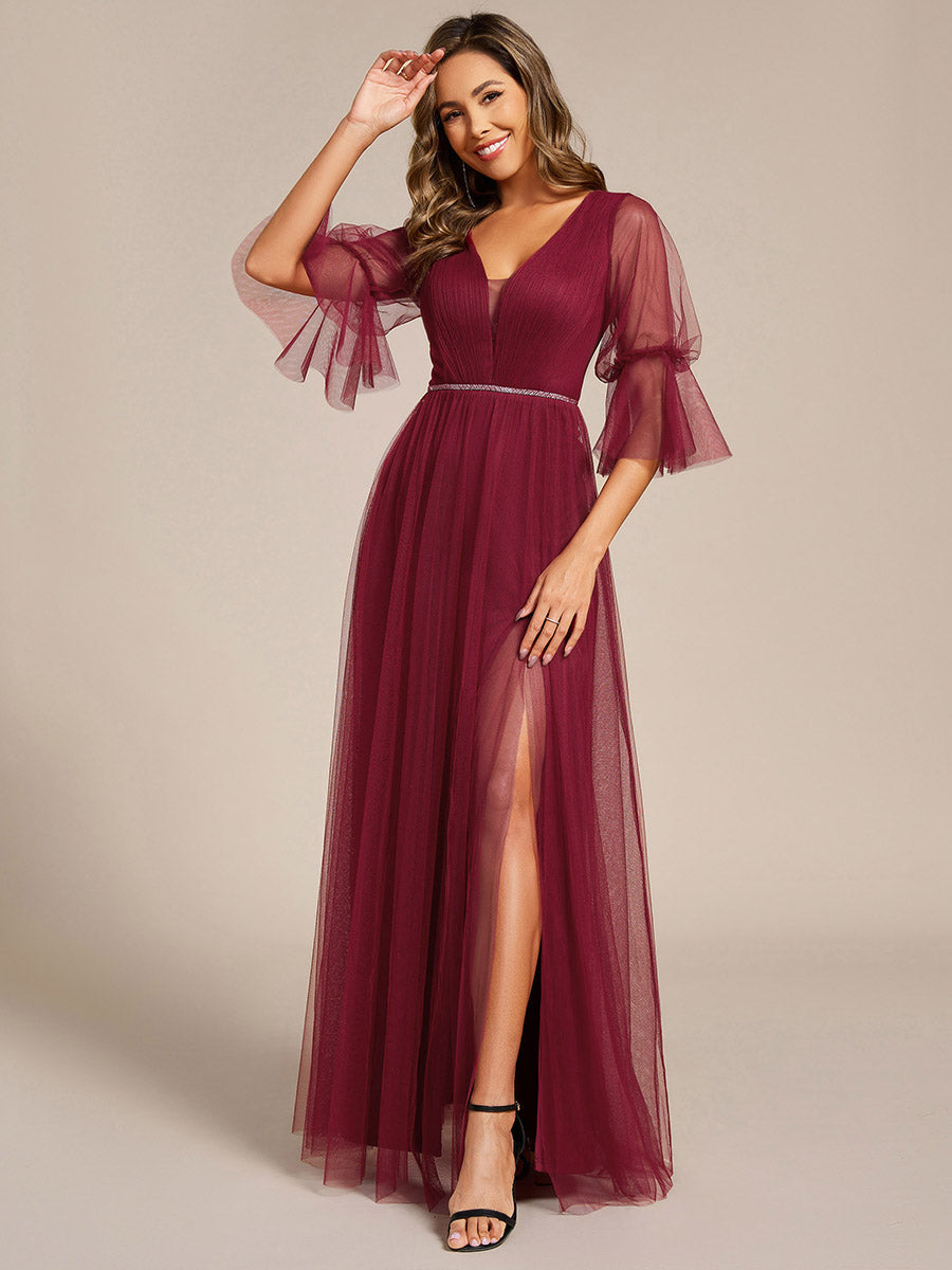 Robe longue de demoiselle d'honneur fendue à manches longues lanterne #Couleur_Bordeaux