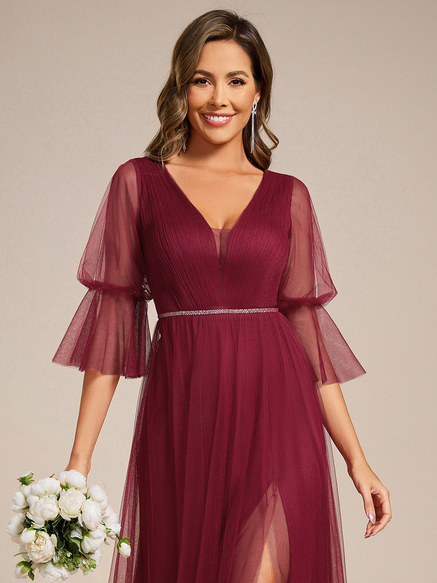 Robe longue de demoiselle d'honneur fendue à manches longues lanterne #Couleur_Bordeaux