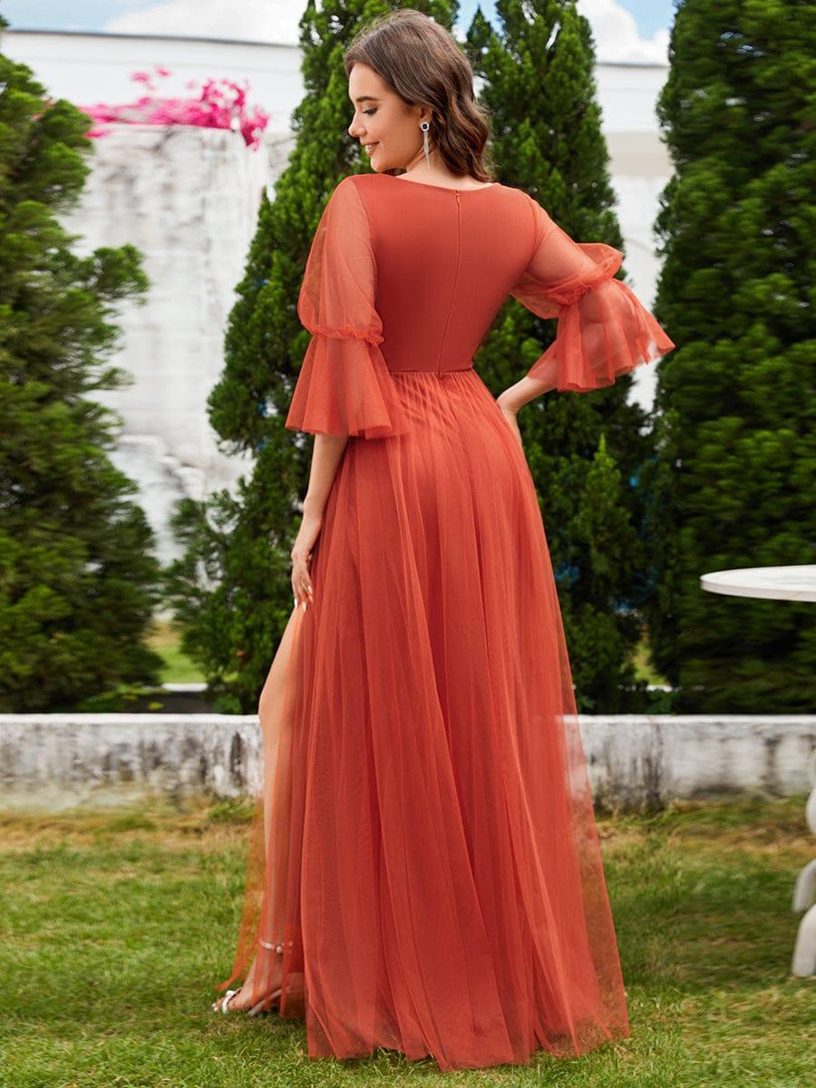 Robe longue de demoiselle d'honneur fendue à manches longues lanterne #Couleur_Orange Brûlée