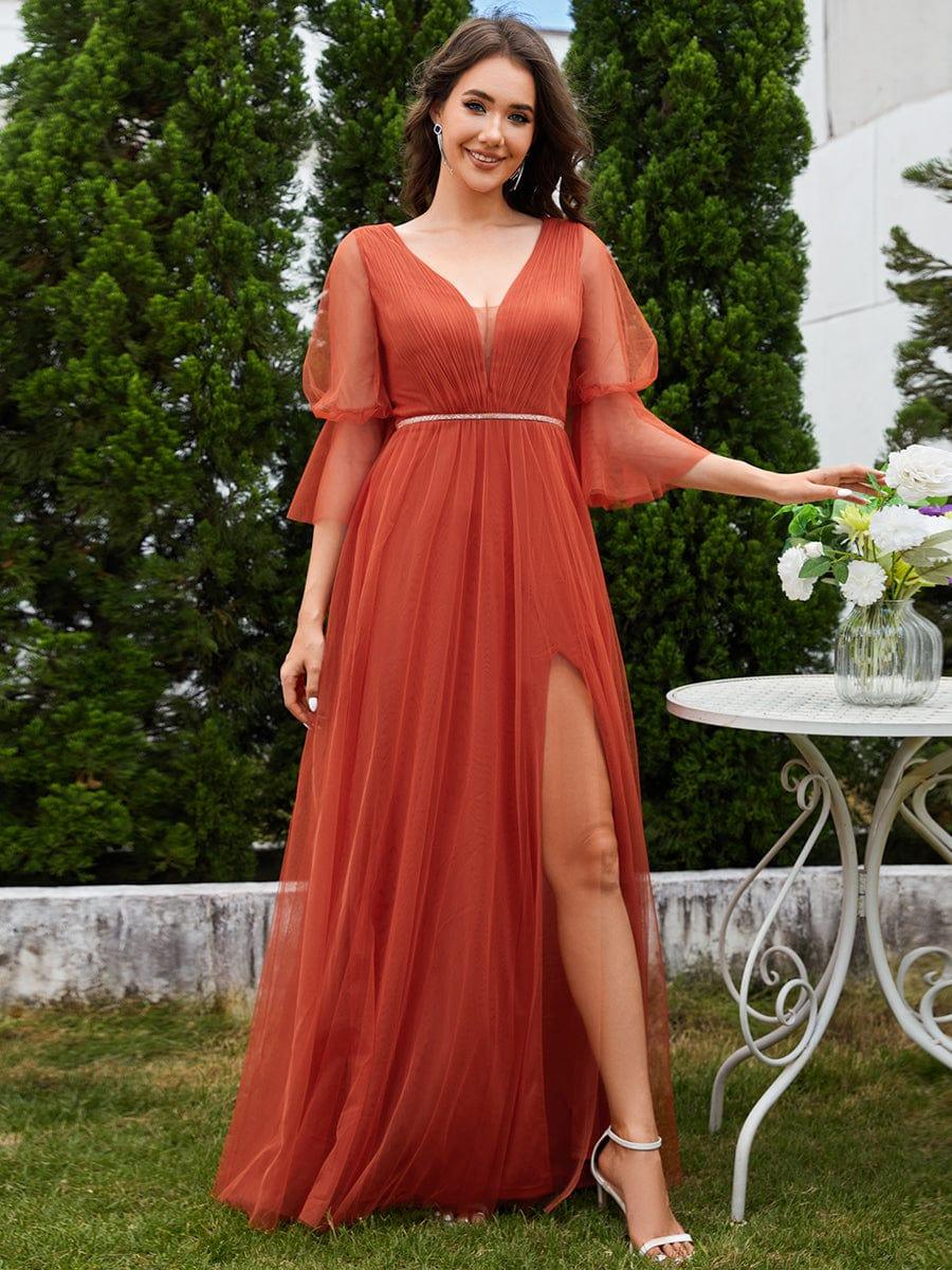 Robe longue de demoiselle d'honneur fendue à manches longues lanterne #Couleur_Orange Brûlée