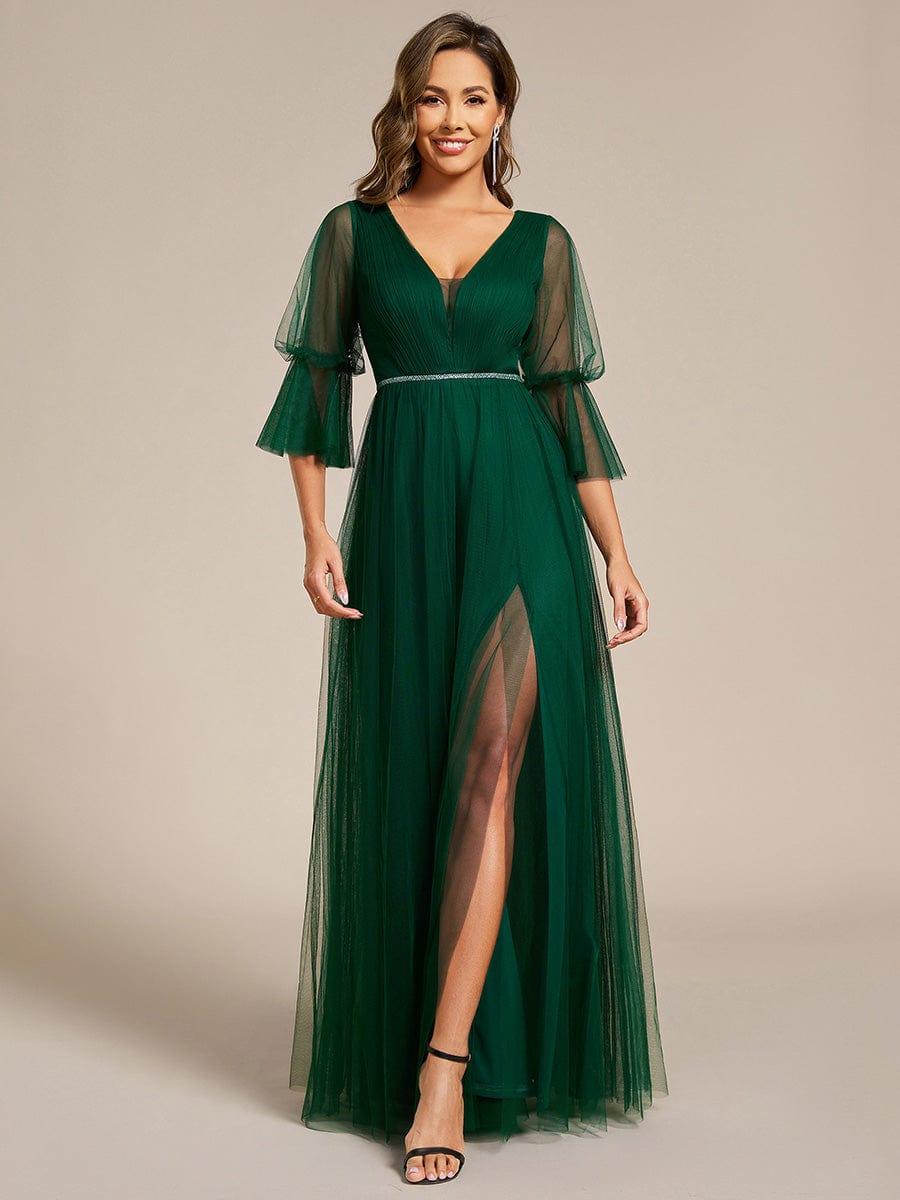 Robe D'invité De Mariage En Mousseline De Soie Mi-Longue Plissée à Manches à Volants Et Col En V #Couleur_Vert Fonce