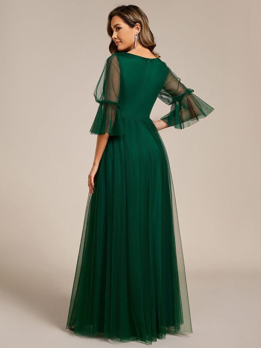 Robe D'invité De Mariage En Mousseline De Soie Mi-Longue Plissée à Manches à Volants Et Col En V  #Couleur_Vert Fonce