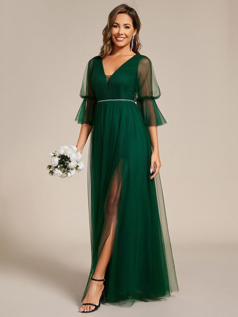 Robe D'invité De Mariage En Mousseline De Soie Mi-Longue Plissée à Manches à Volants Et Col En V #Couleur_Vert Fonce