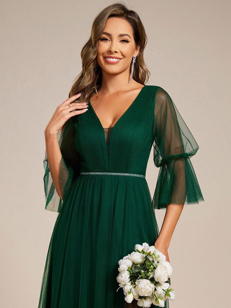 Robe D'invité De Mariage En Mousseline De Soie Mi-Longue Plissée à Manches à Volants Et Col En V #Couleur_Vert Fonce