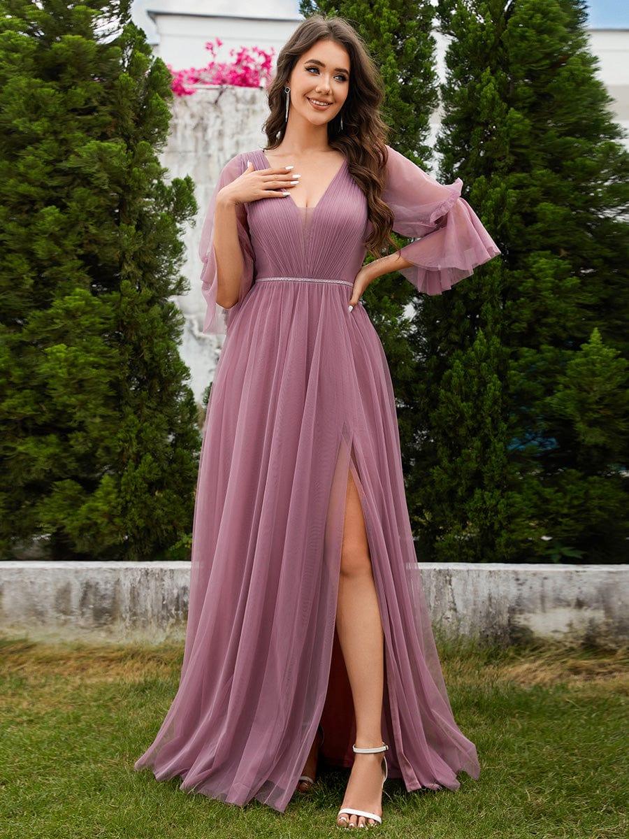 Robe longue de demoiselle d'honneur fendue à manches longues lanterne #Couleur_Orchidee