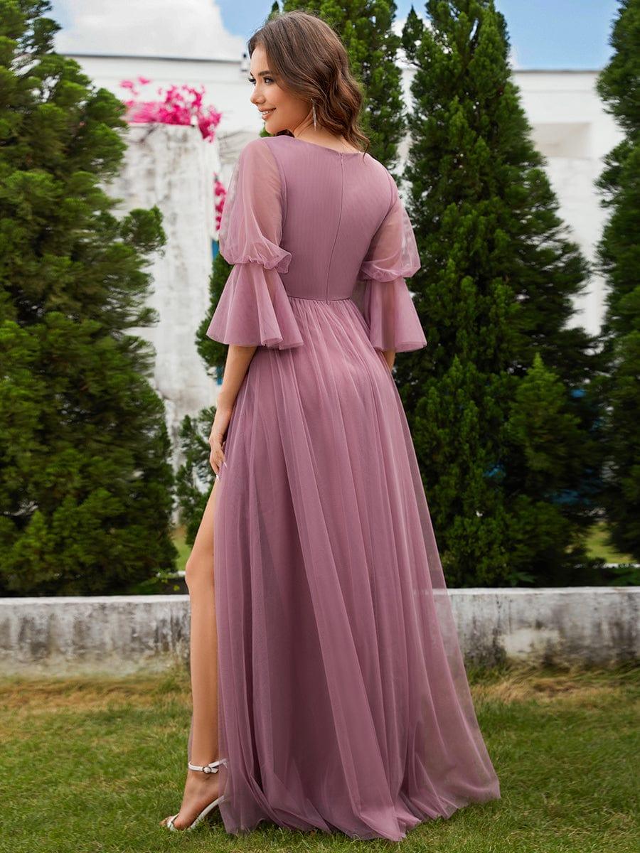Robe longue de demoiselle d'honneur fendue à manches longues lanterne #Couleur_Orchidee