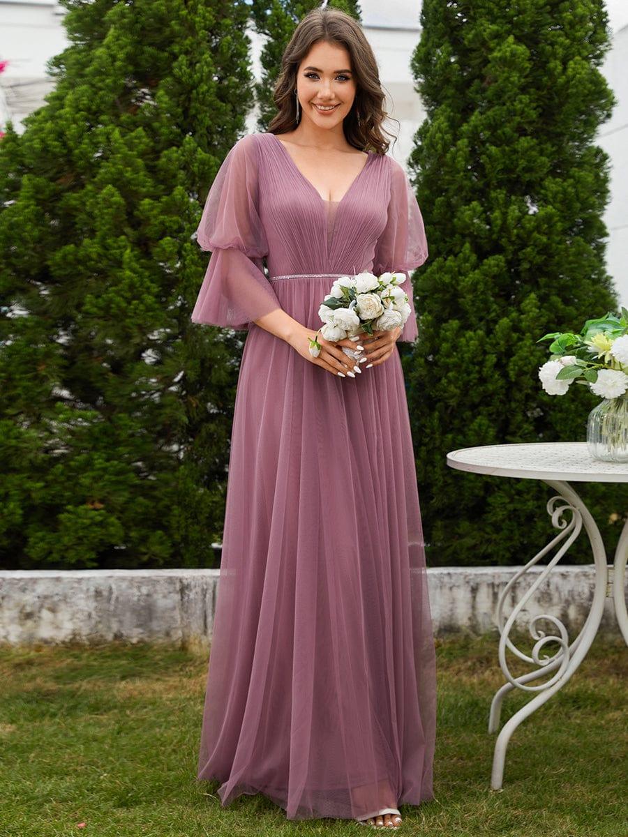 Robe longue de demoiselle d'honneur fendue à manches longues lanterne #Couleur_Orchidee