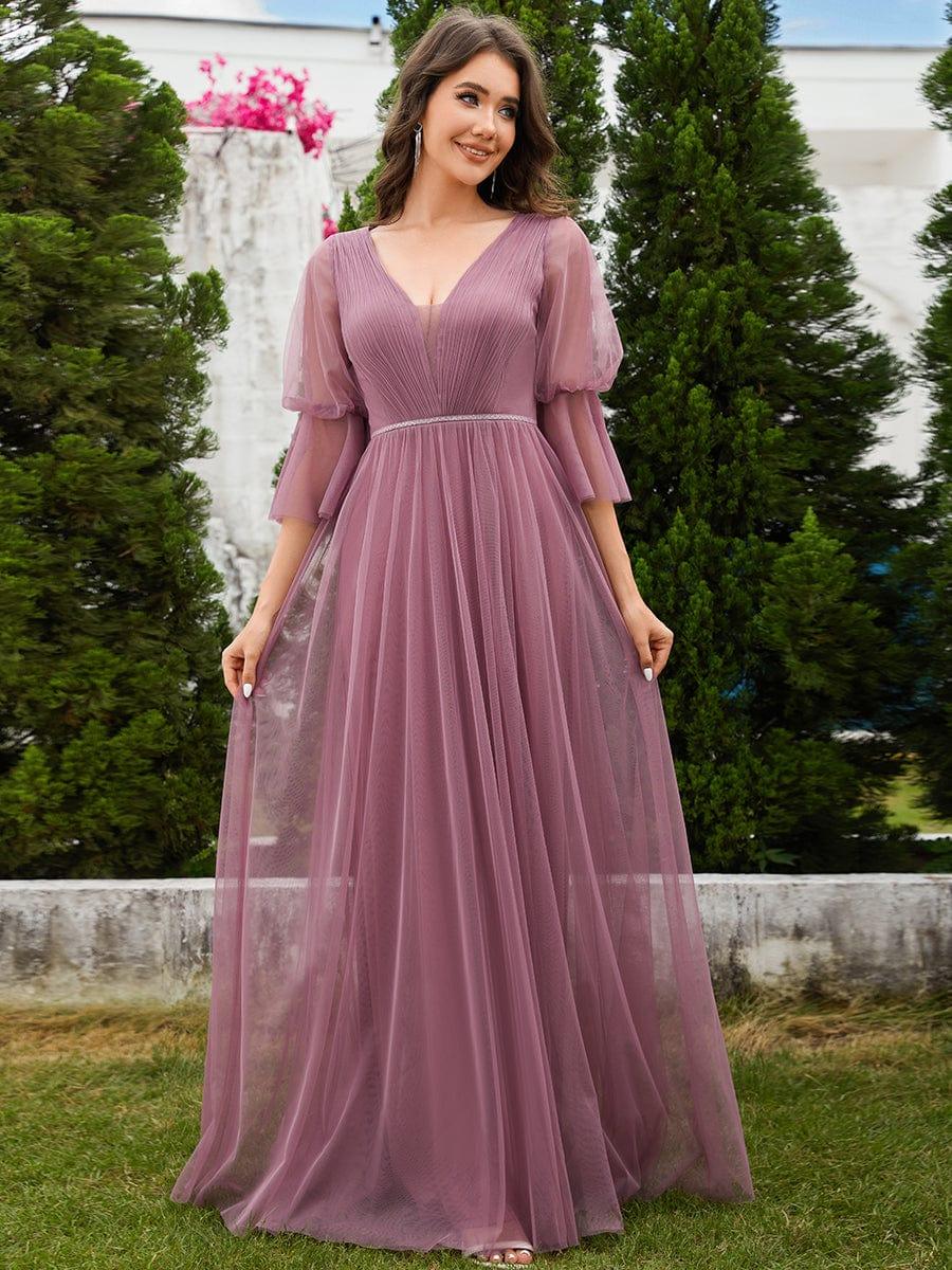 Robe longue de demoiselle d'honneur fendue à manches longues lanterne #Couleur_Orchidee
