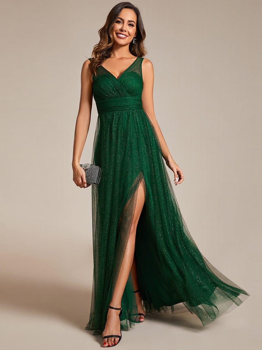 Robe de demoiselle d'honneur scintillante taille haute et fente avec col en V #Couleur_Vert Fonce