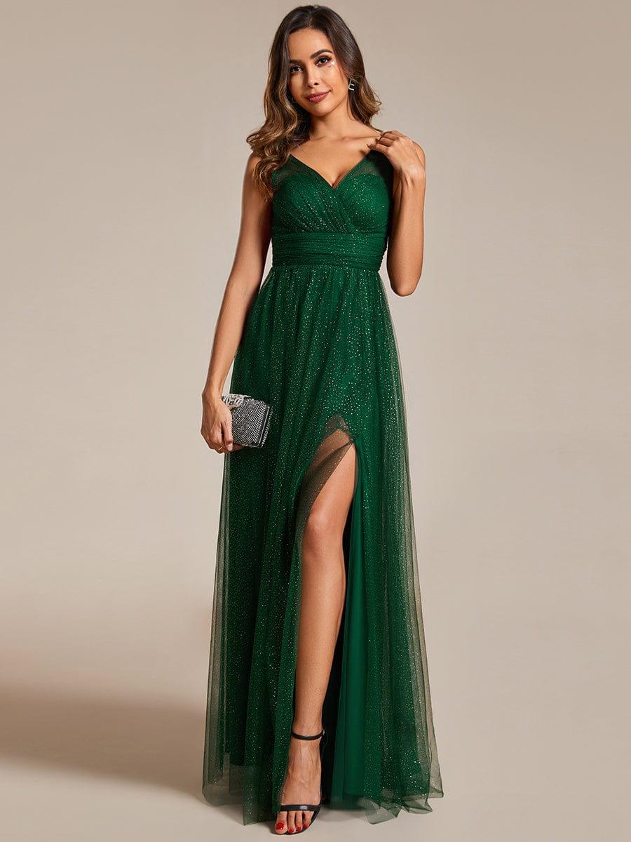 Robe de demoiselle d'honneur scintillante taille haute et fente avec col en V #Couleur_Vert Fonce