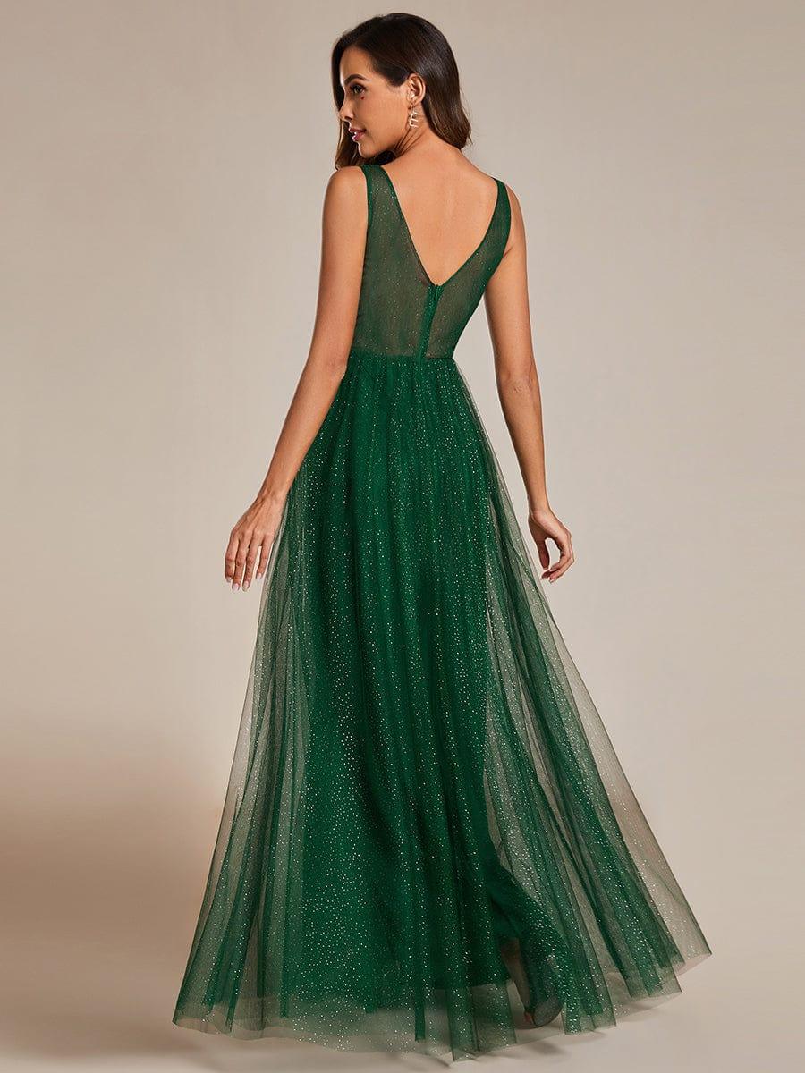 Robe de demoiselle d'honneur scintillante taille haute et fente avec col en V #Couleur_Vert Fonce