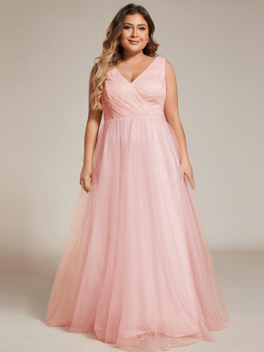 Robe de demoiselle d'honneur élégante en dentelle et tulle grande taille sans manches col en V #Couleur_Rose