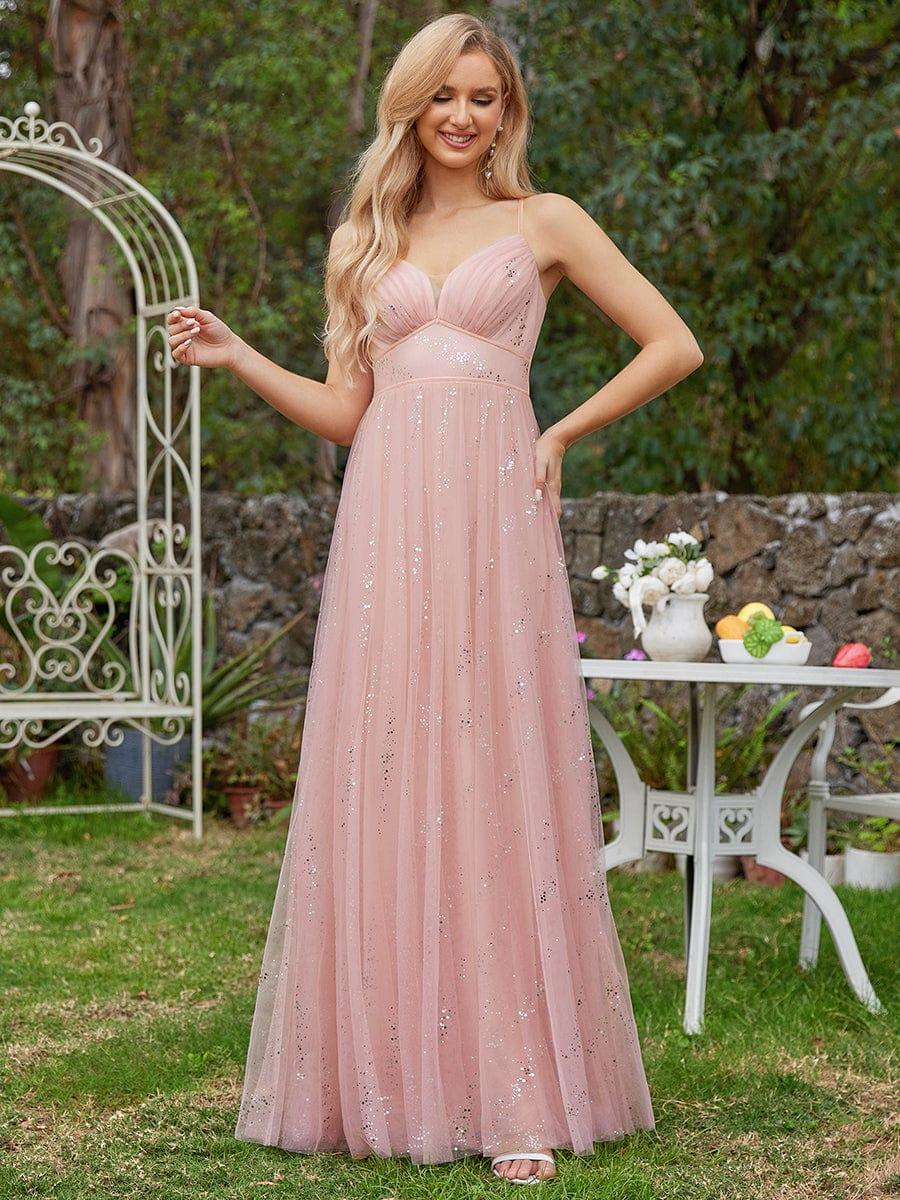 Robe de demoiselle d'honneur en tulle sans manches taille empire étincelante avec col en V #Couleur_Rose