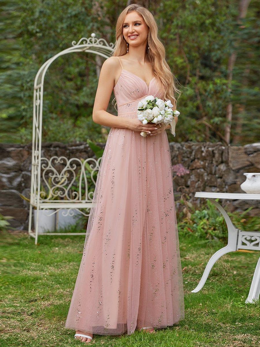 Robe de demoiselle d'honneur en tulle sans manches taille empire étincelante avec col en V #Couleur_Rose