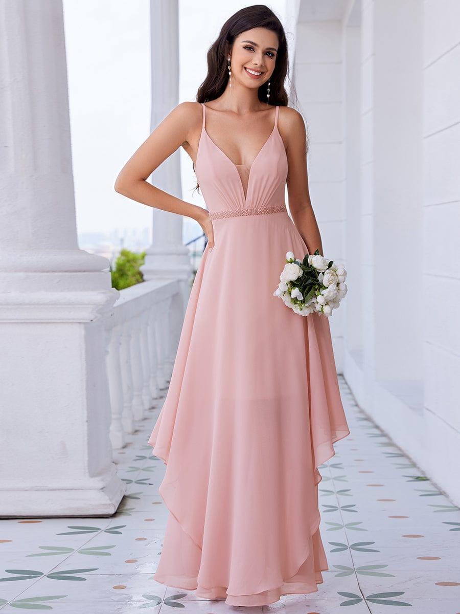 Robe de demoiselle d'honneur en mousseline de soie sans manches à volants à la taille et à col en V ornée de perles #Couleur_Rose
