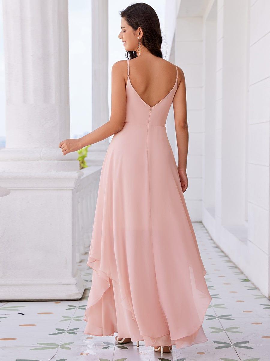 Robe de demoiselle d'honneur en mousseline de soie sans manches à volants à la taille et à col en V ornée de perles #Couleur_Rose